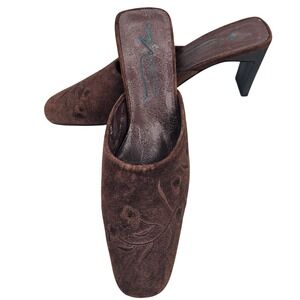 Newport News Vintage Brown Suede Embroidered Square Toe Block Heel Mules 8.5M